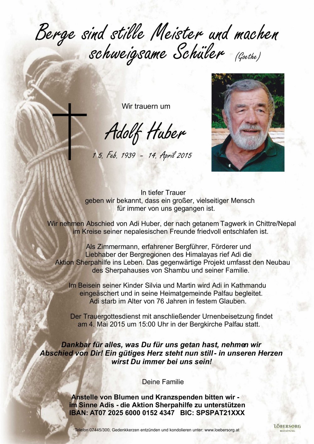 Adolf Huber († 14.04.2015) Bestattungsinstitut in